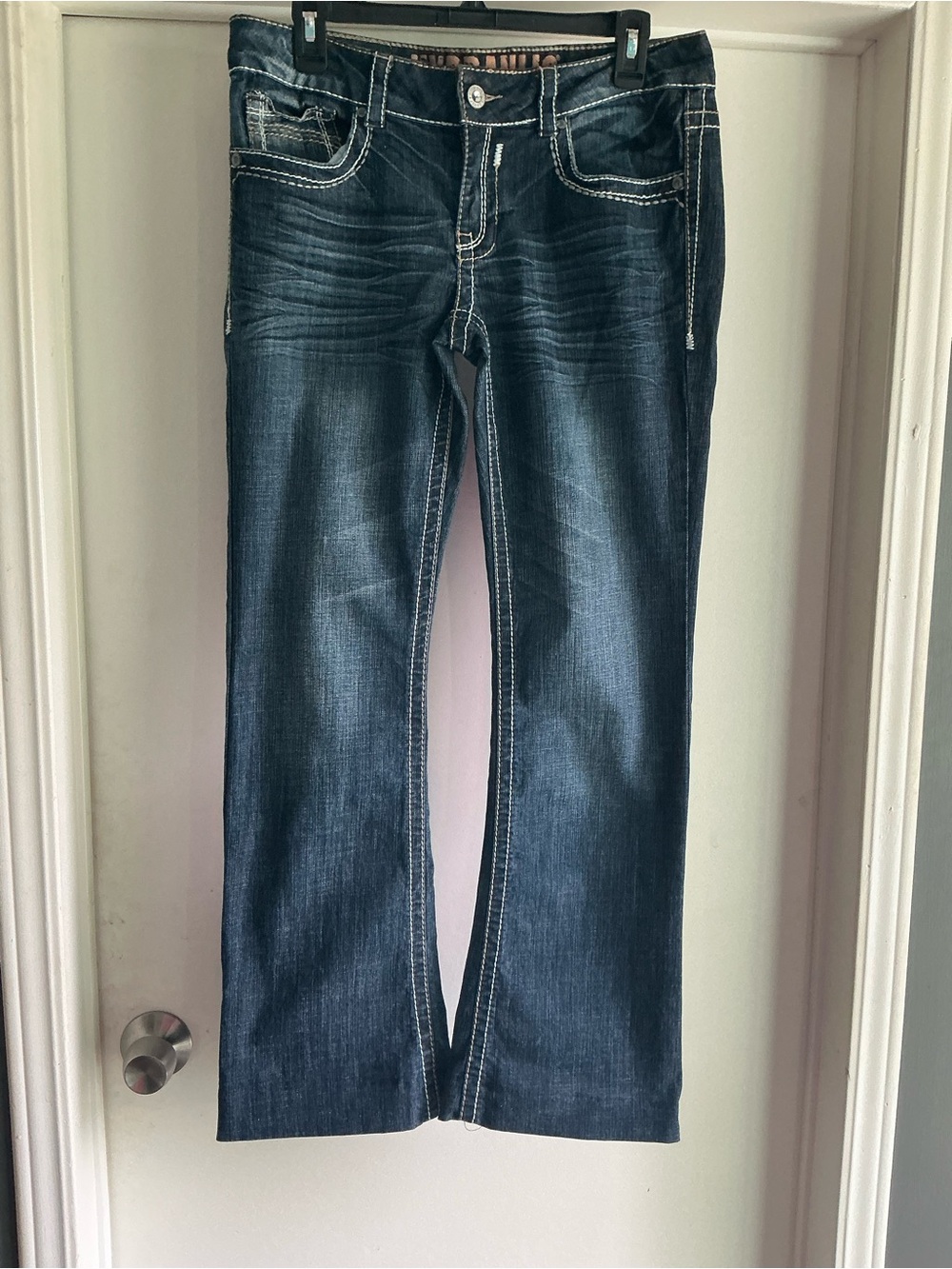 Ladies dark blue jeans, embellished boot cut size 11/12, stretch. EC